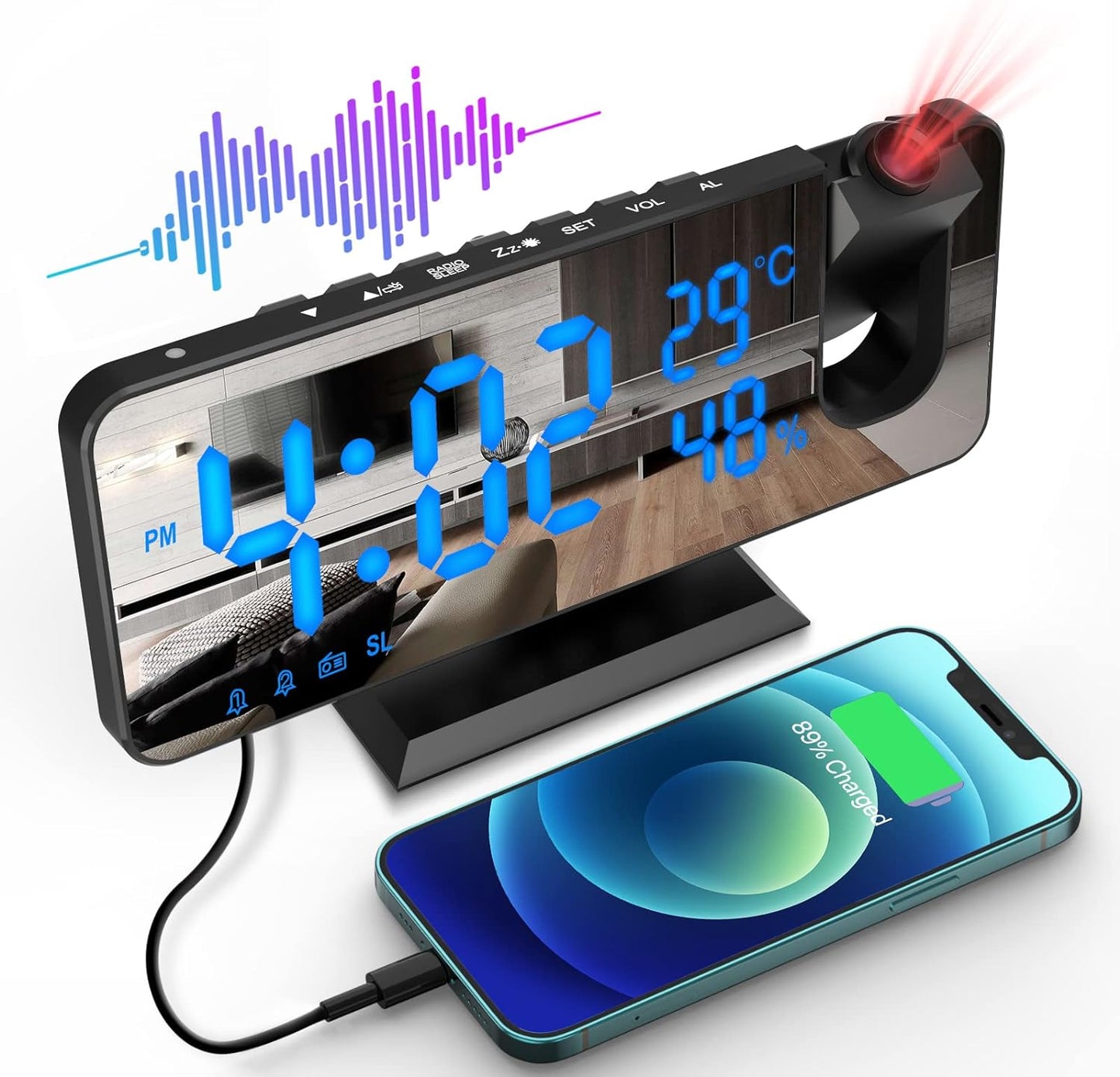 Progital - Alarm Clock Projection Digital, Beedove, FM Radio, Dual Alarm Clock with 3 Dimmer, Snooze, Timer, 180° Rotatable Ceiling Projection - YGSHOP