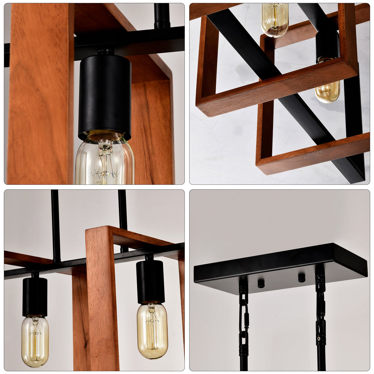 4-Light Kitchen Island Lights Pendant Light Farmhouse Dining Room Light Fixture, Rustic Wood And Black Metal Rectangular Chandelier, Hanging Lighting For Living Room,Conference Room, Home Office