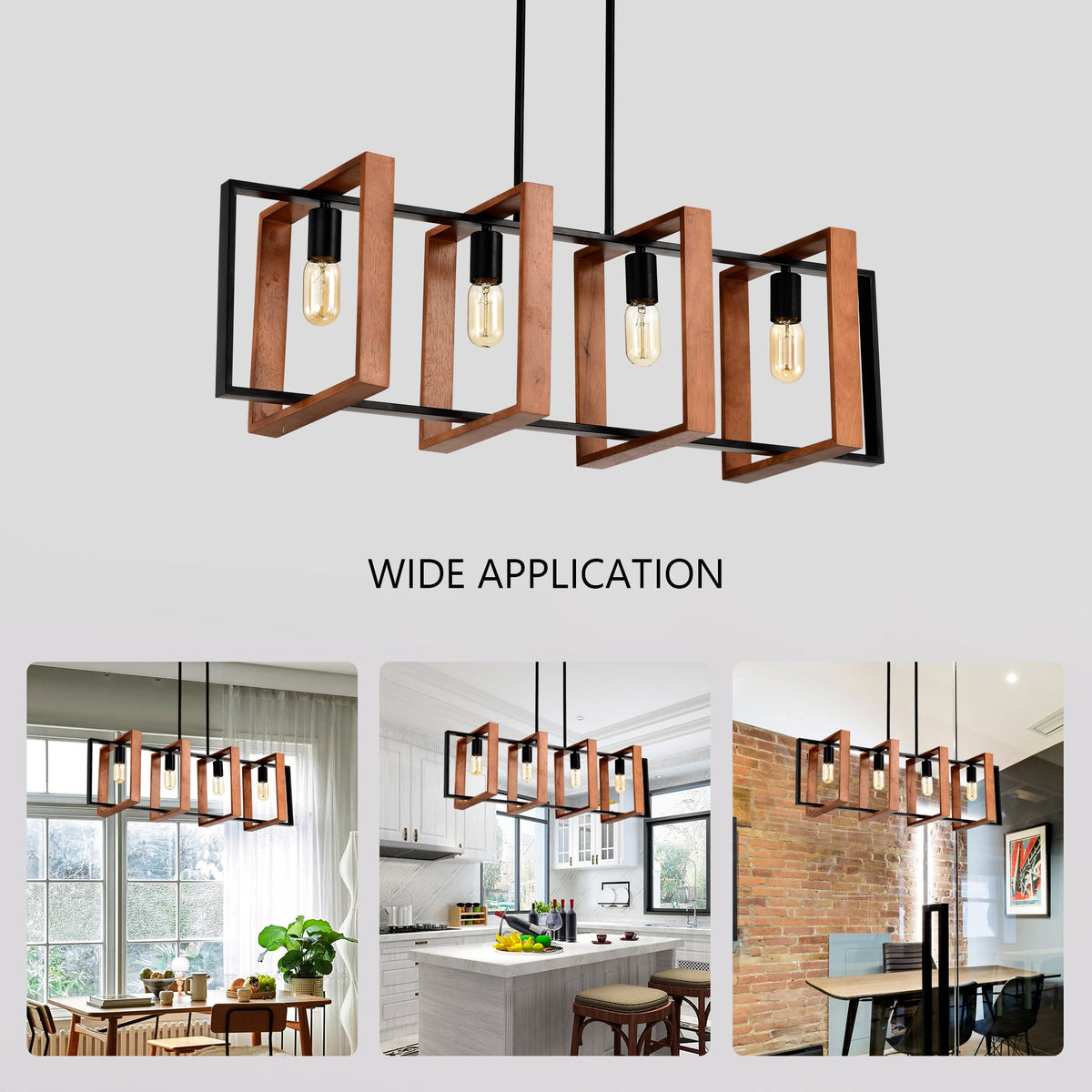 4-Light Kitchen Island Lights Pendant Light Farmhouse Dining Room Light Fixture, Rustic Wood And Black Metal Rectangular Chandelier, Hanging Lighting For Living Room,Conference Room, Home Office