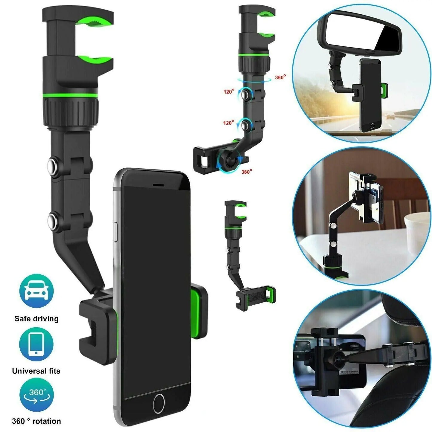 360° Car Rearview Mirror Rotation Adjustable Phone Holder Mount Multifunction