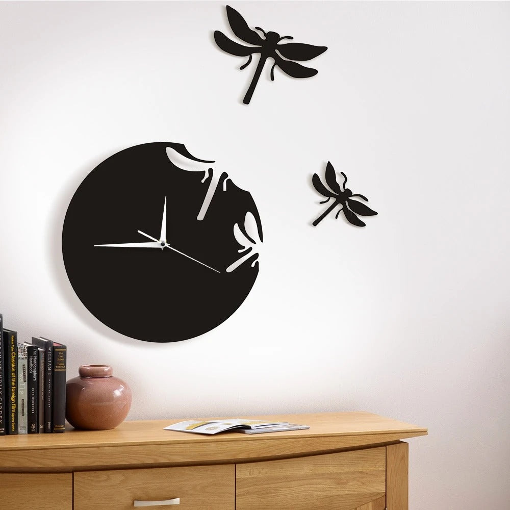 1 Set Acrylic Dragonfly Clock 3D Clock Ornament Art Wall Hanging Clock Living Room Decor