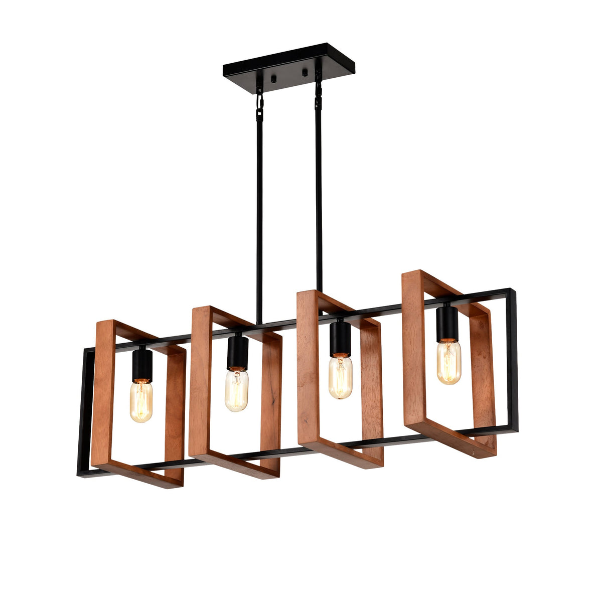 4-Light Kitchen Island Lights Pendant Light Farmhouse Dining Room Light Fixture, Rustic Wood And Black Metal Rectangular Chandelier, Hanging Lighting For Living Room,Conference Room, Home Office